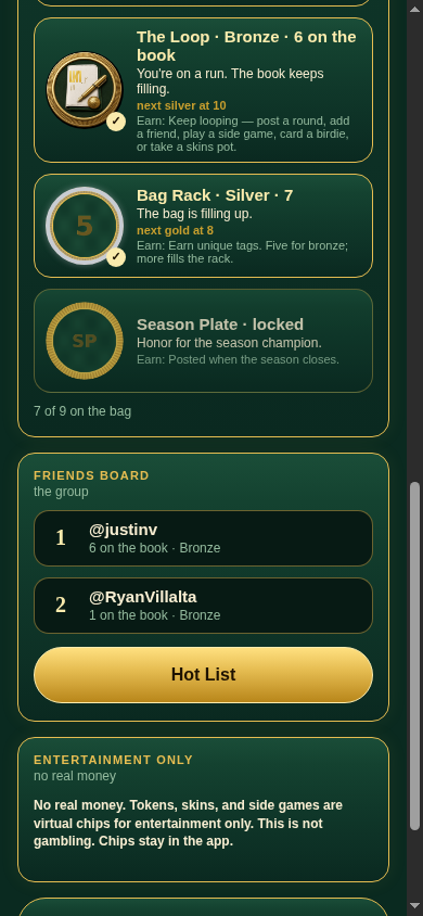Honor Board Friends board with rank, @username, tally, and Regular metal, plus a Hot List button
