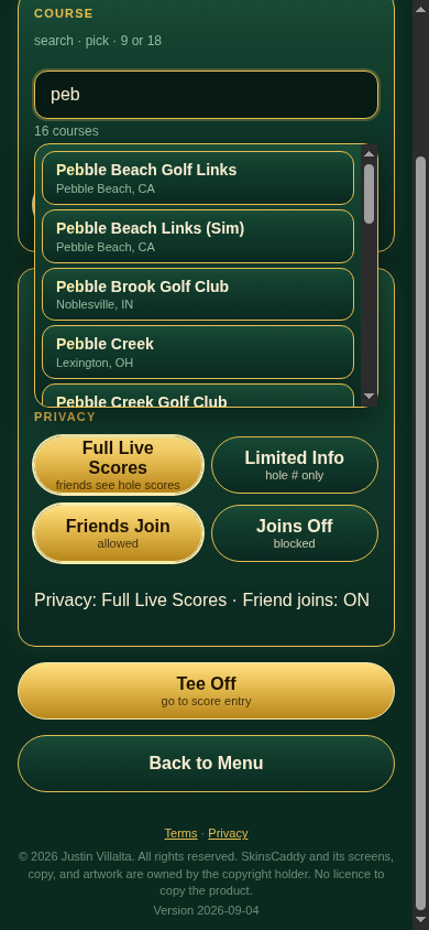 Solo 2.0 letter-by-letter course search showing Pebble Beach and other results after typing peb