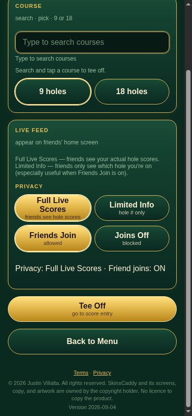 Solo 2.0 privacy setup with Full Live Scores and Friends Join selected, plus Limited Info and Joins Off