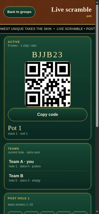 Groups + QR live scramble showing join code BJJB23, a share QR, Copy code, Team A and Team B, and post-hole score entry
