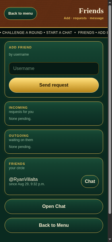 Friends screen to add by username, with requests and friends in the circle