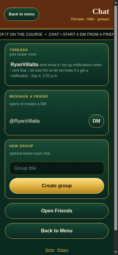 Chat locker room with threads, a DM field, and new group chat