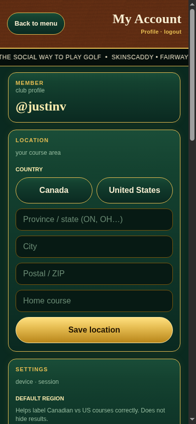 My Account for @justinv with profile and location settings for Canada or United States